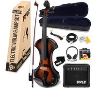Pyle Full Size Electric Violin - 4/4 Solid Wood Fiddle with Amplifier Kit, Foamed Case, Ebony Fittings, Brazilwood Bow, Extra Strings, Rosin, Tone and Volume Control Knobs, Headphones Included