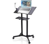 Pyle Lectern Podium Stand | Adjustable Height Top Shelf, Bottom Shelf, Locking Plastic Wheels, & LED Reading Light | Mobile Standing Desk for Classrooms & Presentations | Portable Rolling Table Design