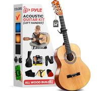 Pyle Left Handed Beginner Acoustic Guitar Kit, 1/2 Junior Size All Wood Build Nylon String Instrument with Capo, Strap, Extra String Set, Gig Bag, Guitars for Beginners Adults Youth, 34" Natural Gloss