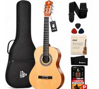 Pyle Left Handed Beginner Acoustic Guitar Kit, 3/4 Junior Size All Wood Build Nylon String Instrument with Capo, Gig Bag, Strap, Extra String Set, Guitars for Beginners Adults Youth, 36" Natural Gloss