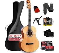 Pyle Left Handed Beginner Acoustic Guitar Kit, 4/4 Full Size All Wood Build Nylon String Instrument with Capo, Strap, Extra String Set, Gig Bag, Guitars for Beginners Adults Youth, 39" Natural Gloss