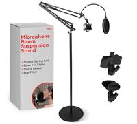 Pyle Microphone Boom Suspension Stand - Scissor Arm Mic Mount w/Shock Mount, Integrated Pop Filter, 3.1' ft. Max Extension, Suitable for Podcast Recording, Broadcasting, Streaming, Stage & Studio Use