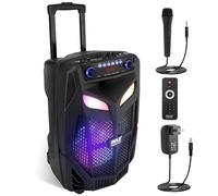 Pyle PA System Party Speaker 12 Inch Bluetooth Speaker 800W with 2 Wireless Microphones, Karaoke Speaker with LED Lights, Portable Rechargeable Battery and Wheels