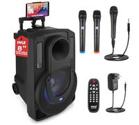 Pyle PA System Party Speaker 8 Inch Bluetooth Speaker 280W with 2 Wireless Microphones and Wired Microphone, Karaoke Speaker with Tablet Stand, LED Lights, Portable Rechargeable Battery