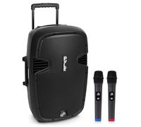 Pyle Portable PA System, Powerful Speaker with 2 Wireless Mics, Trolley Handle & Wheels, Long Battery, Enhanced Audio Controls Ideal for Karaoke, Events, DJs & Public Speaking.