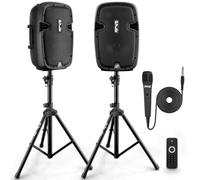 Pyle Powered Bluetooth PA Speaker Kit, Active and Passive 350W Loudspeakers with Wired Microphone, Speaker Stands, Remote Control, Portable Karaoke Machine with Bluetooth Microphone for Singing