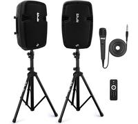 Pyle Powered Bluetooth PA Speaker Kit, Active and Passive 350W Loudspeakers with Wired Microphone, Speaker Stands, Remote Control, Portable Karaoke Machine with Bluetooth Microphone for Singing