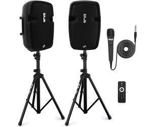 Pyle Powered Bluetooth PA Speaker Kit, Active and Passive 350W Loudspeakers with Wired Microphone, Speaker Stands, Remote Control, Portable Karaoke Machine with Bluetooth Microphone for Singing