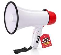 Pyle Rechargeable Megaphone Speaker with Siren, Bullhorn 20W with Loud Speaker, For Music, Whistle and Record Cheer Megaphones, For Soccer Coach and Football Game Day Essentials, White & Red