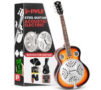 Pyle Resophonic Resonator Acoustic Electric Guitar, 6 String Round Neck Sunburst Mahogany Traditional Resonator w/Built-in Pre Amplifier, Case Bag, Strap, Steel Strings, Tuner, Picks