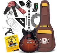 Pyle Semi Hollow Body Electric Guitar Set, 41.8” Full Size Jazz Instrument Kit w/Gig Bag and Accessories, Matte & Sunburst Finish