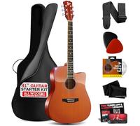 Pyle Steel String Acoustic Guitar Kit, 4/4 Full Size Cutaway All-Wood Guitarra Acustica with Premium Accessory Set and Upgraded Gig Bag, 41" Brown Glossy