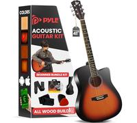 Pyle Steel String Acoustic Guitar Kit, 4/4 Full Size Cutaway All-Wood Guitarra Acustica with Premium Accessory Set and Upgraded Gig Bag, 41" Sunburst Teardrop