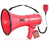 Pyle 50W Megaphone Bullhorn - Portable, Automatic Siren & Adjustable Volume,Projection Range Up to 1200 Square Yards, Aux Input, Talk, Siren, Music, Whistle, & Record, Shoulder Strap (Red)