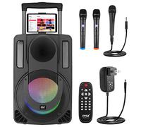 PyleUsa 8’’ Portable PA Speaker System - Wireless BT Streaming PA & Karaoke Party Audio Speaker, Two Wireless Mic, Wired Microphone, Tablet Stand, Flashing Party Lights, MP3/USB//FM Radio - PHPWA8TB