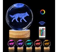 PYMIN3D 3D Wolf Crystal Ball Night Light,3.15in k9 Crystal Ball Lamp with 16 Colors Change,Wooden Base and Remote Control Wolf Figurine Statue Gifts for Kids