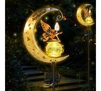 pyntop Solar Lights Outdoor Garden Ornaments, Solar Powered Fairy Moon Lamp Waterproof, Vintage Metal Moon Star Crackle Glass Ball LED Stake Lights Decorative for Balcony Lawn Patio Pathway Grave