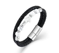 PYNZY Cross Leather Braided Bracelets for Men, Stainless Steel Double-Row Christian Bracelet with 8MM Tiger Eye Hematite Obsidian Agate Beads for Men Jewelry Gifts, 21CM, Stainless Steel, no gemstone