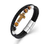 PYNZY Cross Leather Braided Bracelets for Men, Stainless Steel Double-Row Christian Bracelet with 8MM Tiger Eye Hematite Obsidian Agate Beads for Men Jewelry Gifts, 21CM, Stainless Steel, no gemstone