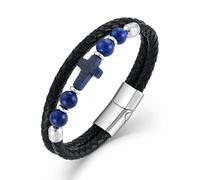 PYNZY Cross Leather Braided Bracelets for Men, Stainless Steel Double-Row Christian Bracelet with 8MM Tiger Eye Hematite Obsidian Agate Beads for Men Jewelry Gifts, 21CM, Stainless Steel, no gemstone
