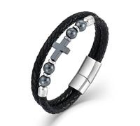 PYNZY Cross Leather Braided Bracelets for Men, Stainless Steel Double-Row Christian Bracelet with 8MM Tiger Eye Hematite Obsidian Agate Beads for Men Jewelry Gifts, 21CM, Stainless Steel, no gemstone