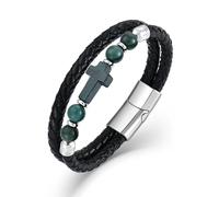 PYNZY Cross Leather Braided Bracelets for Men, Stainless Steel Double-Row Christian Bracelet with 8MM Tiger Eye Hematite Obsidian Agate Beads for Men Jewelry Gifts, 21CM, Stainless Steel, no gemstone
