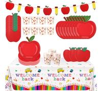 PYQTH 149 Pcs Back to School Party Decorations for 48 Guests, First Day of School Party Supplies, Apple Paper Plates and Napkins Sets Disposable Tablecloths Banner Cups for Kindergarten Decor