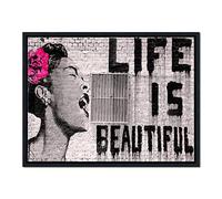 Pyradecor Black Framed Banksy Life is Beautiful Artwork Modern Grey Love Pictures Paintings Canvas Prints Wall Art for Bedroom Living Room Home Office Decorations AH1085-3040-BF
