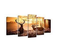 Pyradecor Brown Canvas Prints Wall Art Deer Elks in Autumn Sunset Forest Pictures Paintings for Living Room Bedroom Kitchen Home Decorations 5 Piece Modern Giclee Animal Scenery Landscape Artwork