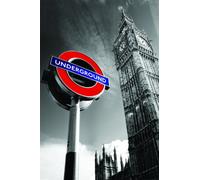 Pyramid International London Underground Sign & Big Ben Wood Print, Multi-Colour, 45 x 76 cm