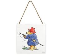 Pyramid International Paddington Bear Artwork (Fishing With Paddington Design) 20cm x 20cm x 3cm Woodblock with Hanging Cord - Official Merchandise , Blue,Gold,Red