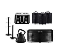 Pyramid Kettle, 4 Slice Bread Toaster, Set of 3 Tea Coffee Sugar Canister, Bread Bin, Mug Tree & Towel Pole Set Geepas Black One Size