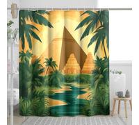 Pyramid Shower Curtain, Retro Jungle Green Beige Landscape Bath Curtain for Bathroom Decor, Spring Vintage Tropical Waterproof Fabric Shower Curtain Set with Hooks 72x78 Inch