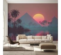Pyramid Sunset Wallpaper Gray Pink, Palm Trees Tropical Wall Paper for Bedrooms, Home Decor Photo Wallpaper for Living Room 450x315 Non-Woven Wall Mural W25