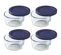 Pyrex (4) 7202 1-Cup Glass Bowls & (4) Pyrex 7202-PC 1-Cup Dark Blue Lids Made in the USA