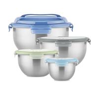 Pyrex 4-Pack Metal Stainless Steel Mixing Bowls with Airtight Locking Lids | Built-in handle, made without lead, cadmium, mercury or BPA, for prepping, serving, & storing food