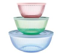 Pyrex Colors (3-Pack, Full Set) Sculpted Tinted Glass Mixing Bowls with Lids, Nesting Space Saving Set of Bowls for Prepping and Baking, 1.3QT, 2.3QT & 4.5Q, (Pink, Green, Blue)
