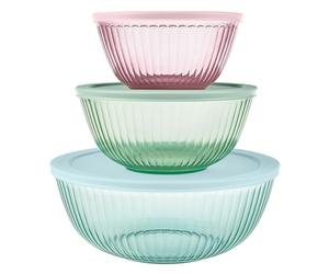 Pyrex Colors Sculpted Tinted Glass Mixing Bowls Complete Set with Lids, Space Saving Bowl Set for Prep and Baking, 1.3 Quart, 2.3 Quart, and 4.5
