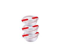Pyrex 1451132 Cook & Heat-Set of Three Round Glass Food 1.1L with Microwave Airtight Lid-Storage Containers, Transparent/Green