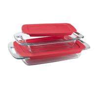 Pyrex Easy Grab 4-Piece Value Pack includes 1-ea 3-qt Oblong 2-qtOblong Red Plastic Covers