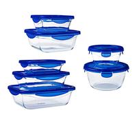 Pyrex Glass Dish Microwavable with Blue Lid Set of 7 Pieces Clear