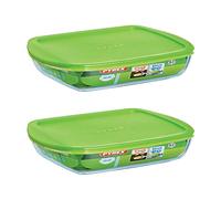 Pyrex Microwave Safe Classic Rectangular Glass Dish Vented Lid 1.6L Green (Pack of 2)