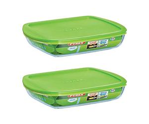 Pyrex Microwave Safe Classic Rectangular Glass Dish Vented Lid 1.6L Green (Pack of 2)