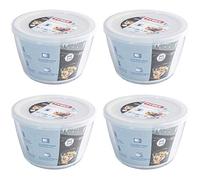 Pyrex Microwave Safe Classic Round Glass Dish with Plastic Lid 1.7 Litre White (Pack of 4)