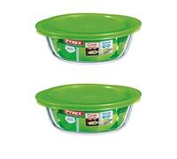 Pyrex Microwave Safe Classic Round Glass Dish with Vented Lid 2.3Litre Green (Pack of 2)