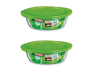 Pyrex Microwave Safe Classic Round Glass Dish with Vented Lid 2.3Litre Green (Pack of 2)