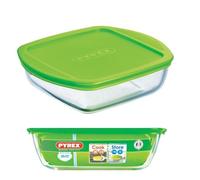 Pyrex Microwave Safe Classic Sqaure Glass Dish with Vented Lid 1 Litre Green (Pack of 2)
