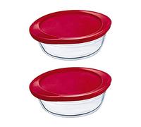 Pyrex O'Cuisine Borosilicate Glass Oval Dish Container with Plastic Lid 2.3 Litre Red (Pack of 2)
