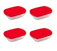 Pyrex O'Cuisine Borosilicate Glass Rectangular Dish with Plastic Lid 0.4 Litre Red (Pack of 4)