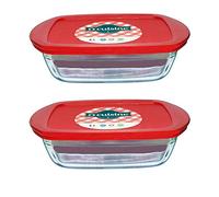 Pyrex O'Cuisine Borosilicate Glass Rectangular Dish with Plastic Lid 1.1L Red (Pack of 2)